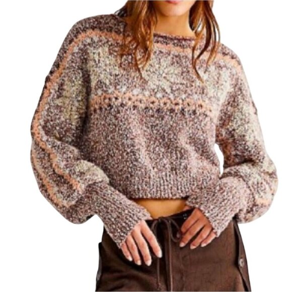 Free People Snowflake Cropped Pullover Sweater Gingerbread Combo Size M - Picture 1 of 10